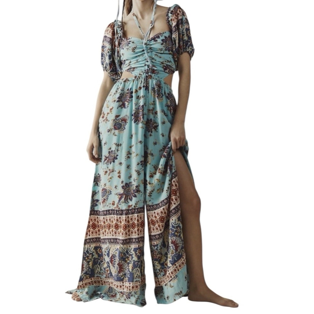 Free People Bali Citrus Skies Jumpsuit Women's XS Floral Beach Resort Elastic